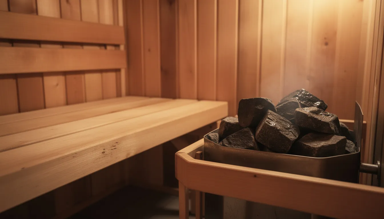 The image shows a close-up view of a traditional Finnish sauna interior, featuring wooden benches and stones, which are essential elements for sauna bathing. This serene environment promotes health benefits such as improved blood flow and potential relief from chronic inflammation and joint pain.