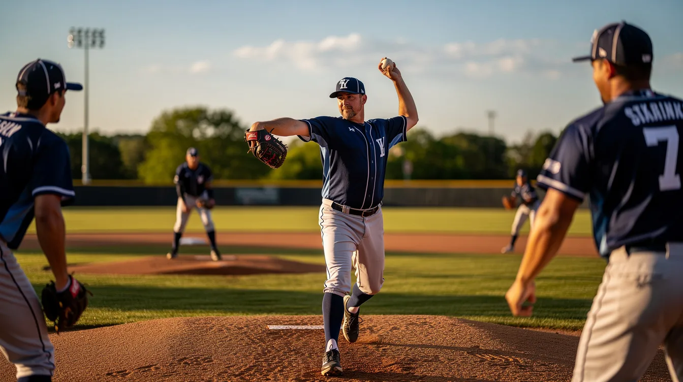 A group of sports team members is gathered outdoors, all wearing matching structured baseball caps featuring embroidered logos. The caps have a defined shape and slightly curved brims, showcasing a casual aesthetic perfect for their practice session.