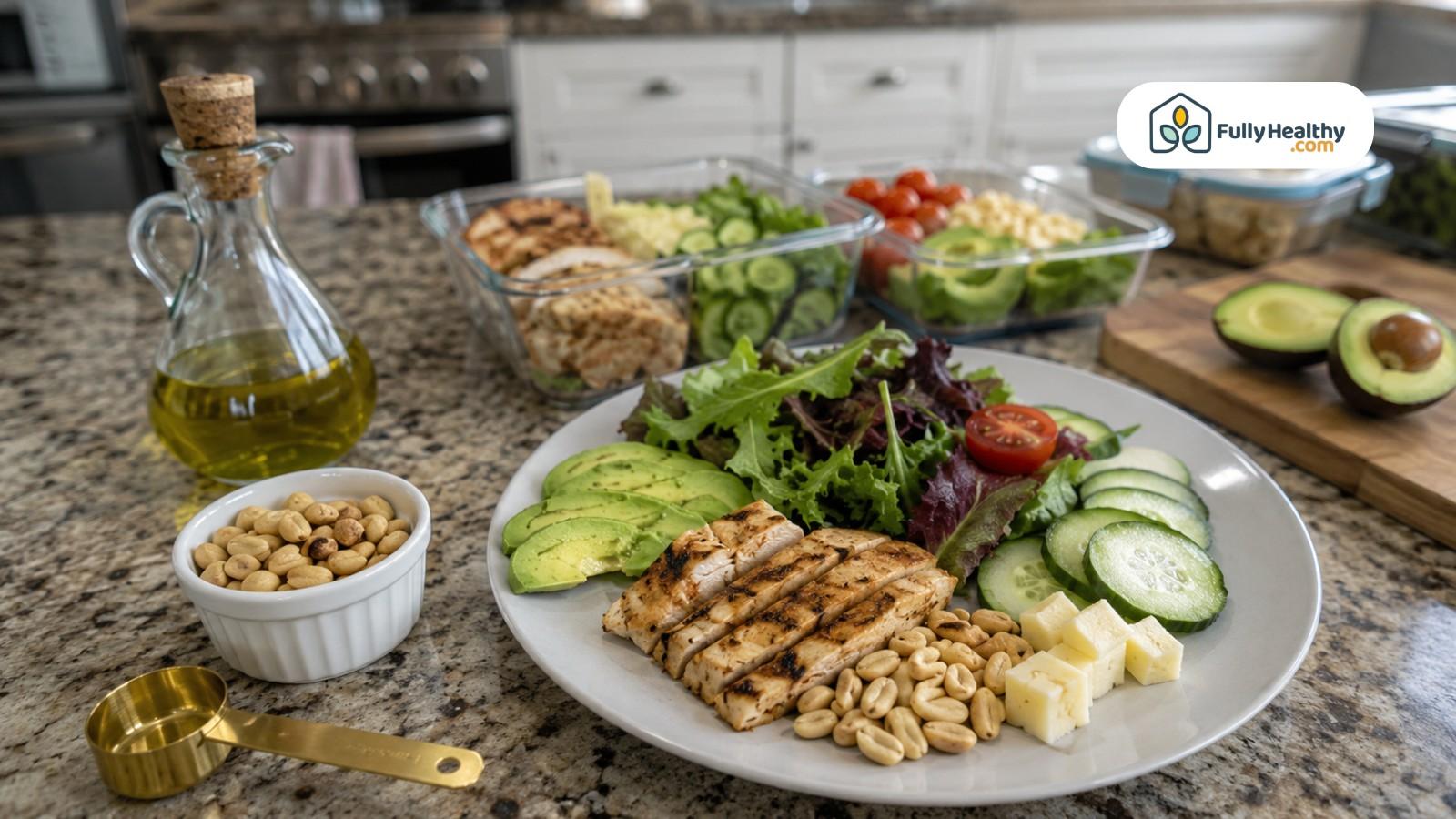 Keto meal plate with peanuts, grilled chicken, avocado, cucumber, cheese, and olive oil