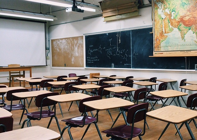 Empty desks in a classroom