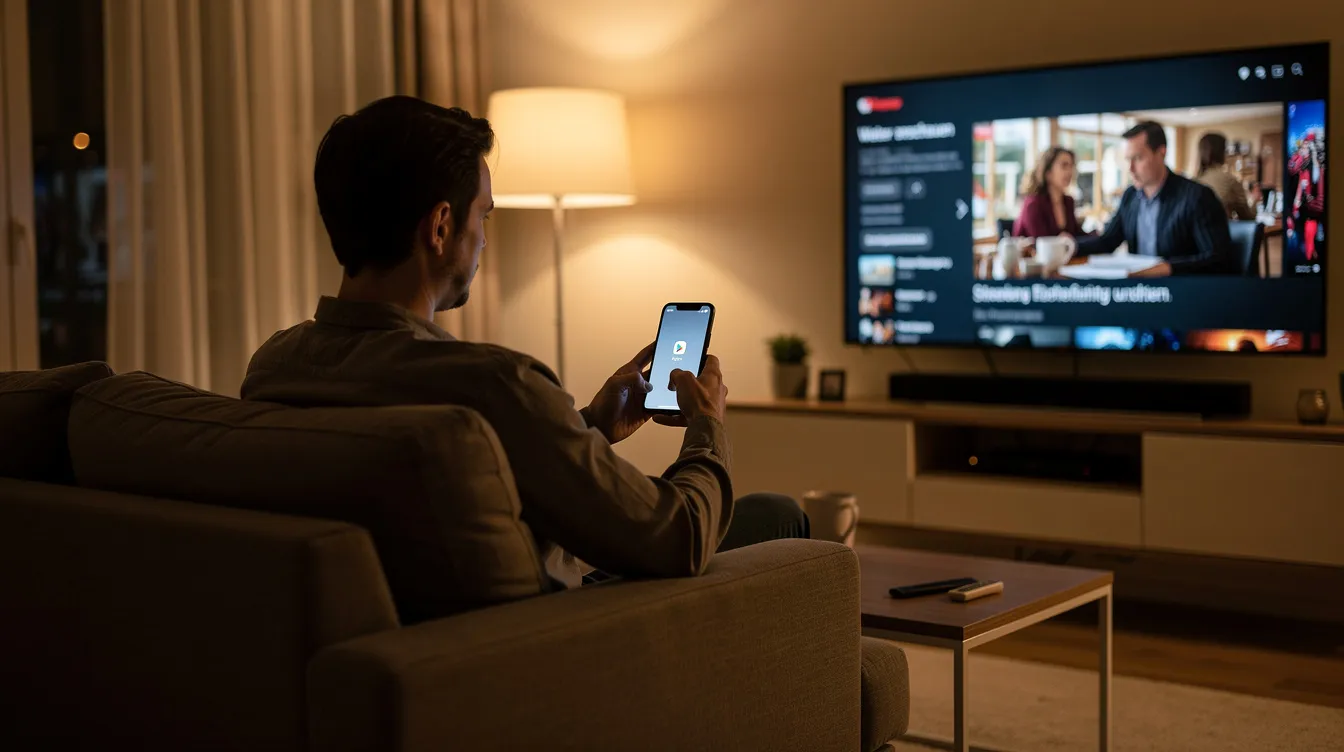 Eine Person sitzt entspannt auf dem Sofa und hält ein Smartphone in der Hand, während im Hintergrund ein großer Fernseher mit Streaming-Inhalten, wie Filmen oder Serien, läuft. Die Szene vermittelt ein modernes Streaming-Erlebnis, das durch eine stabile Internetverbindung ermöglicht wird.