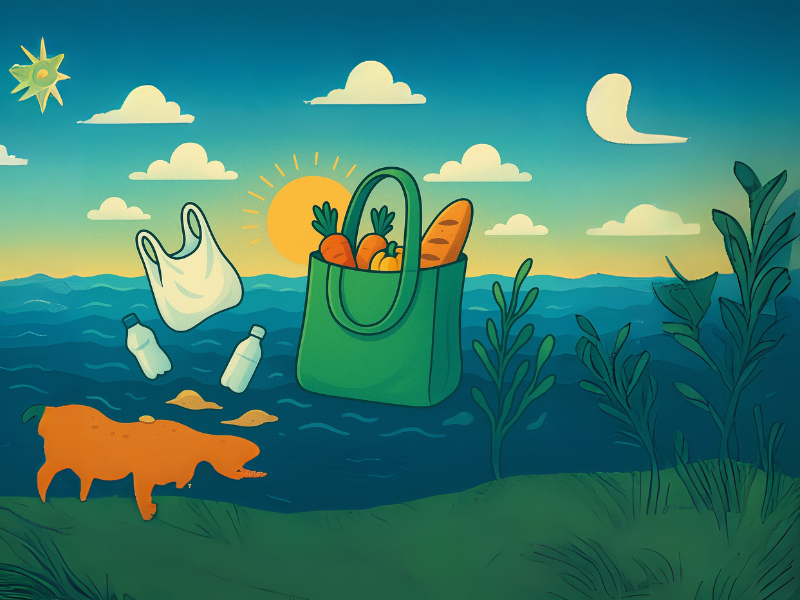 an illustration of a how single-use plastic harm the environment and tote bags save it.