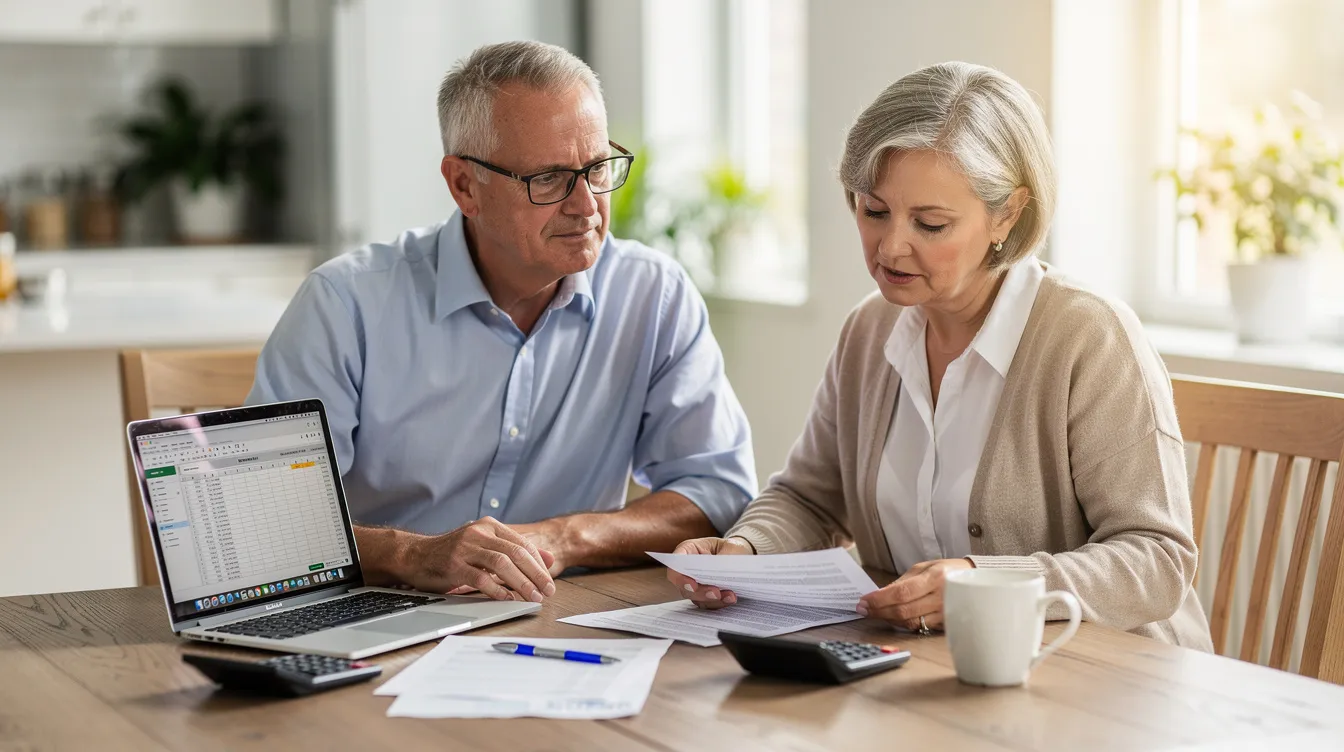 An elderly couple sits at a table, closely examining financial documents, likely discussing their retirement plans and options for investing in precious metals like gold and silver. The scene captures a moment of careful consideration as they plan for their future financial security.