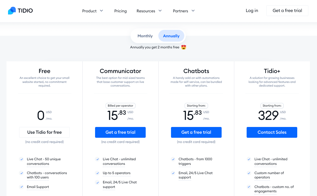 Pricing of live chat software provider, Tidio.