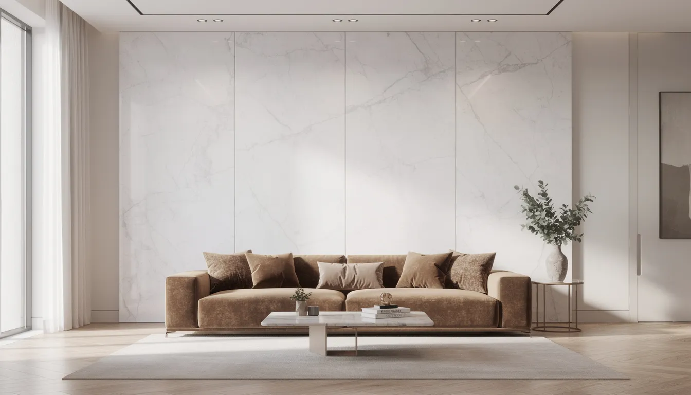 Een elegante woonkamer met wandpanelen in een witte marmerlook en een luxe fluwelen bank, die samen een moderne en stijlvolle uitstraling creëren. De combinatie van materialen zorgt voor een warme sfeer en een nieuwe look in de ruimte.