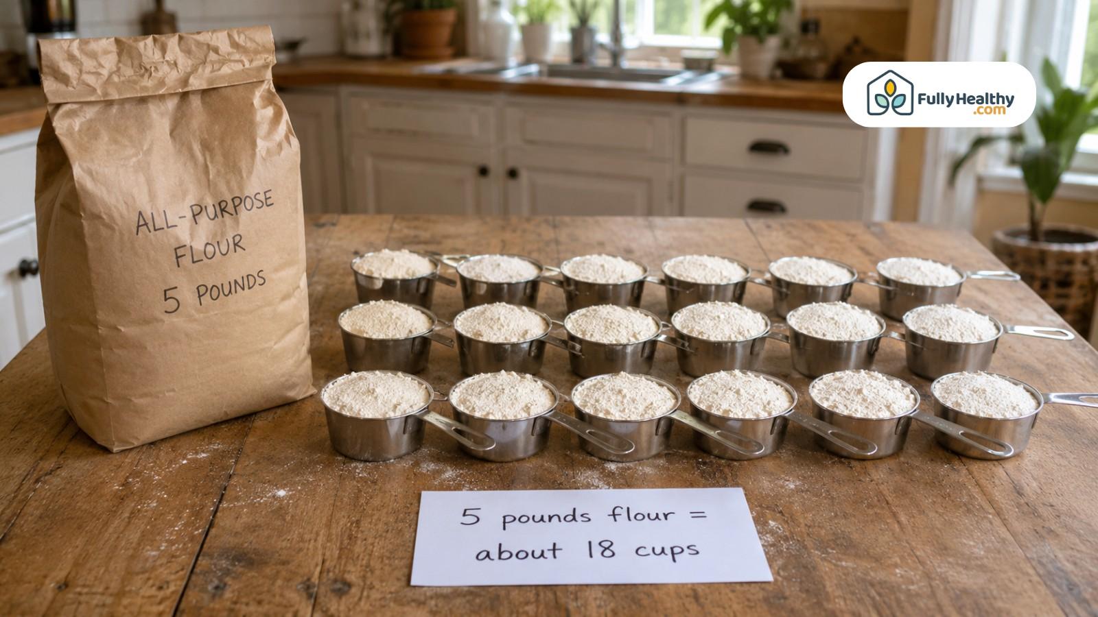 Five-pound all-purpose flour bag with eighteen filled measuring cups on table