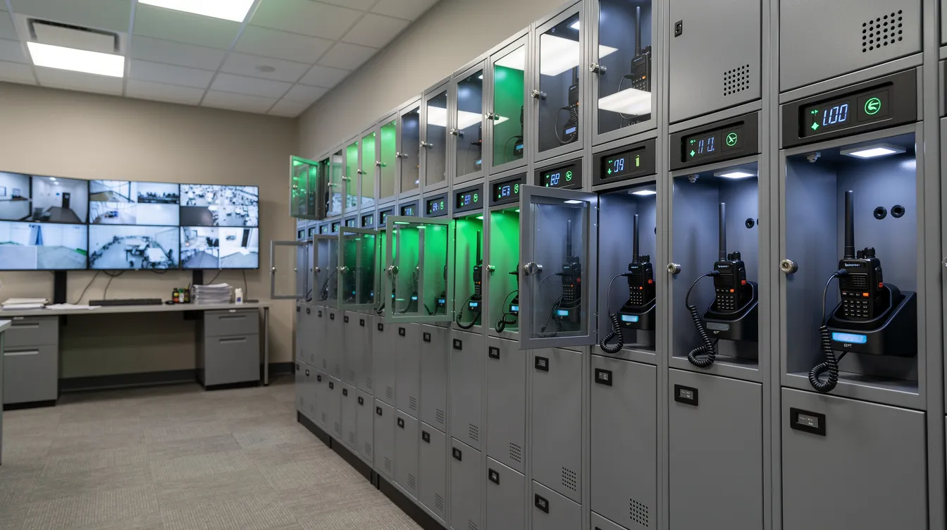 The image depicts a row of smart charging lockers in a security dispatch room, with Motorola radios securely docked in open bays, ready for use. These lockers are designed to provide organized storage and efficient charging solutions for essential communication devices, ensuring that the equipment remains powered and accessible for users during their shifts.