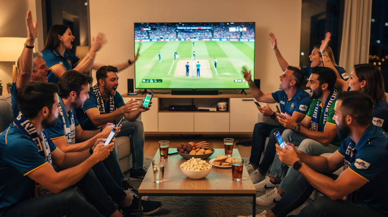 A group of cricket fans is intently watching a match on television while holding their smartphones, likely exploring various sports betting apps and live betting markets. The atmosphere is lively, reflecting their enthusiasm for the game and the potential for placing bets on major cricket tournaments.