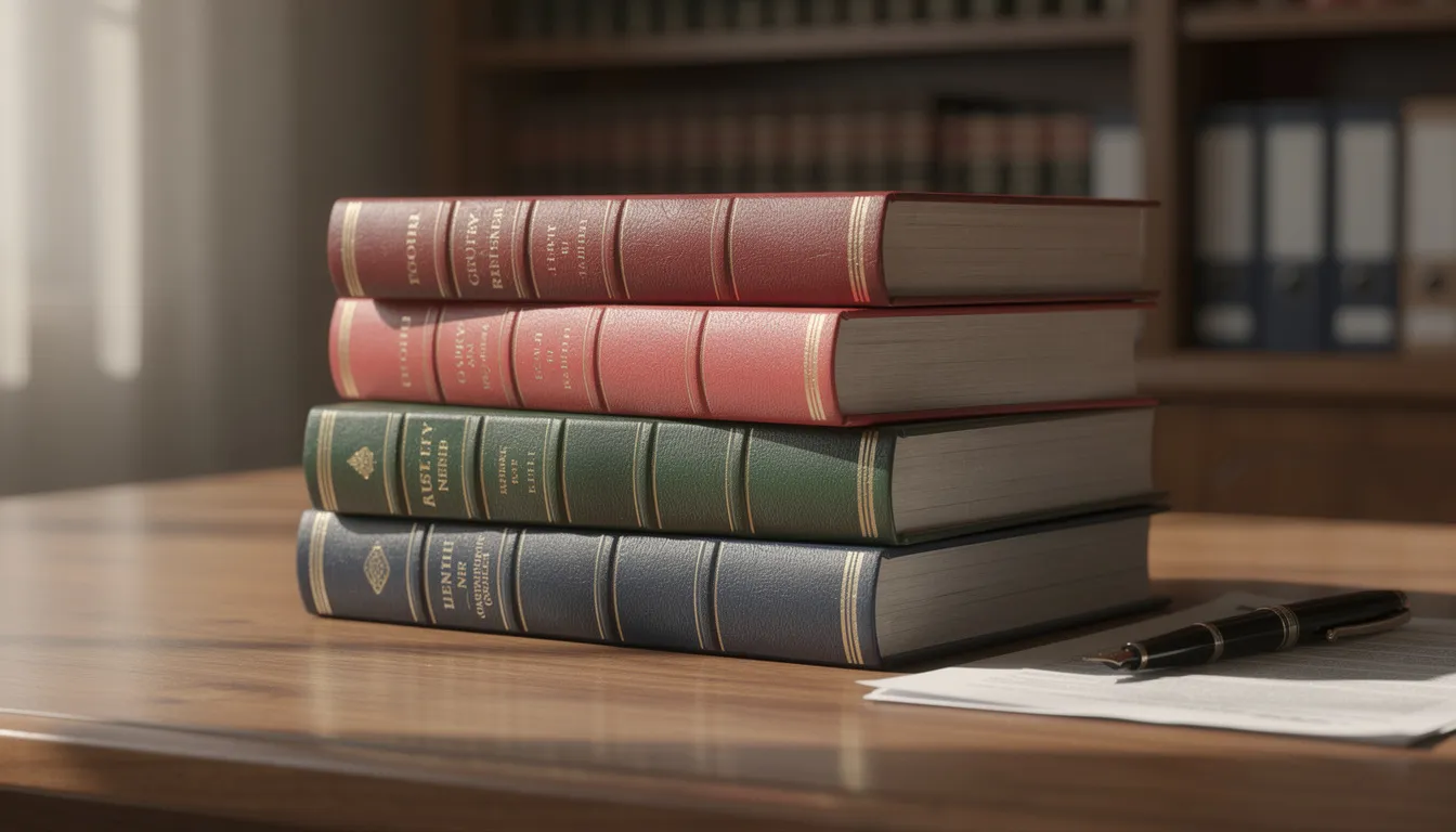 Auf dem Schreibtisch liegt ein Stapel von Gesetzbüchern, die ordentlich übereinander gestapelt sind. Die Bücher sind in verschiedenen Farben und Größen, was eine akademische Atmosphäre schafft, während die Struktur der Bücher die Wichtigkeit der darin enthaltenen Informationen unterstreicht.