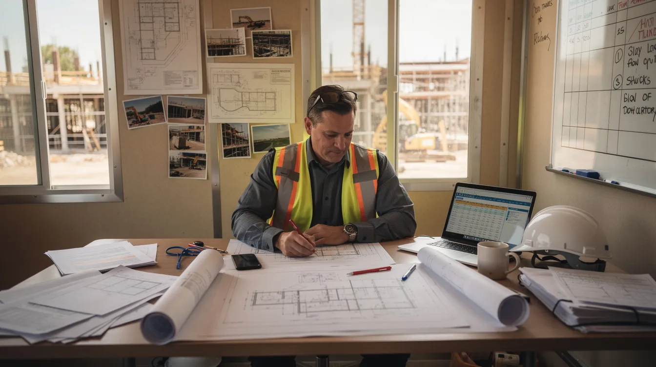 A project manager is seated at a desk inside a job trailer, intently reviewing construction documents related to a construction project. The setting reflects a focus on project management, with plans and paperwork organized around them, showcasing the critical decision-making and communication involved in ensuring successful project delivery.