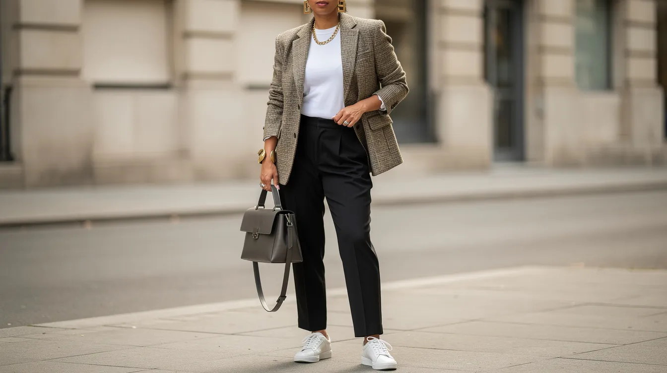 A person is showcasing their unique style by mixing a vintage blazer with modern minimalist basics, such as a simple top and tailored trousers, complemented by bold statement accessories like chunky jewelry. The overall look reflects a casual yet put-together aesthetic, blending classic and contemporary fashion styles.