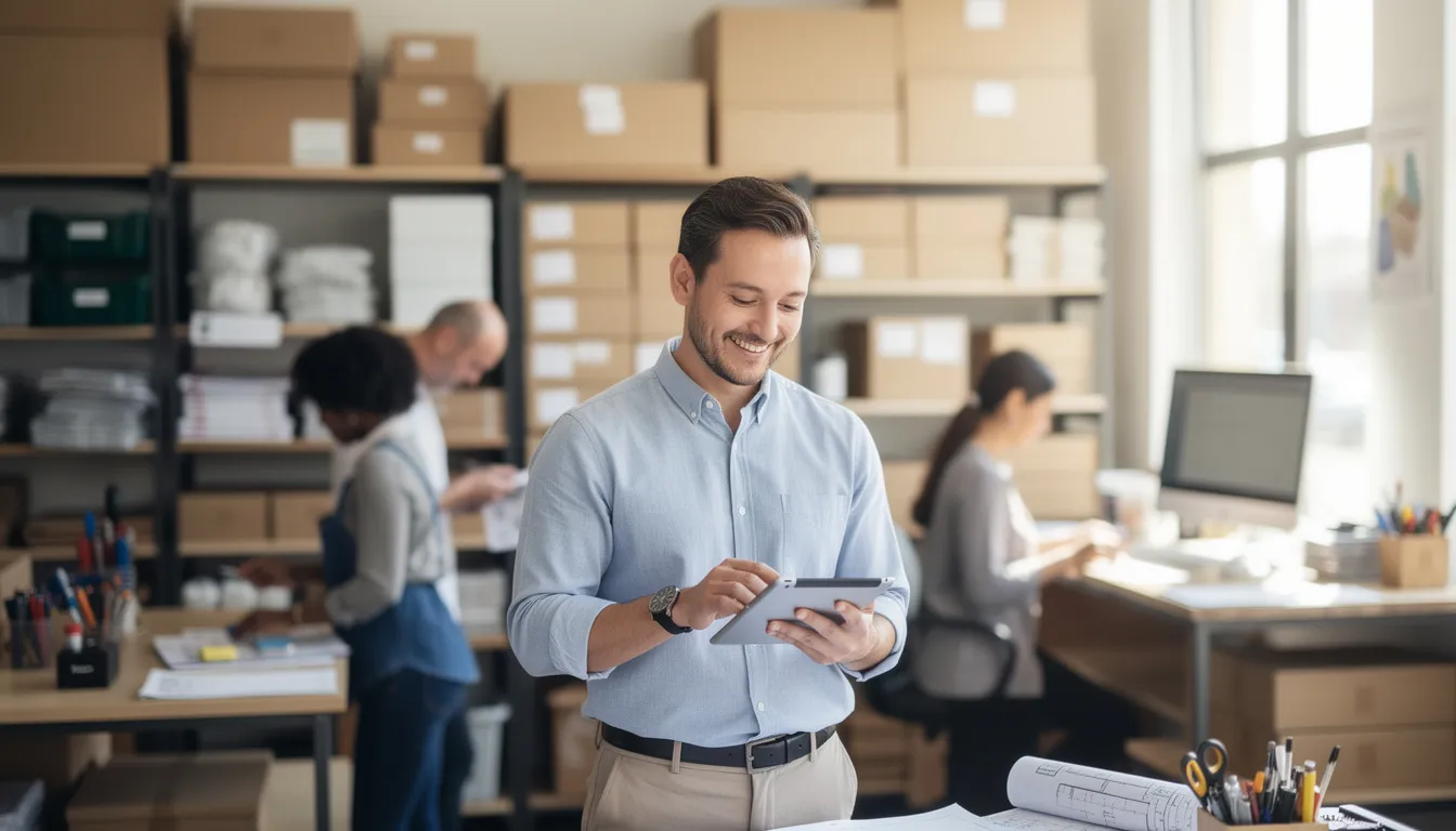 A confident small business owner stands in a bright, organized workspace, smiling as they review plans on a tablet after securing funding, suggestin the link between accessing capital and what the business wants to accomplish. In the background, staff members work productively, reflecting a sense of growth and stability to help business evolve by looking beyound just numbers.