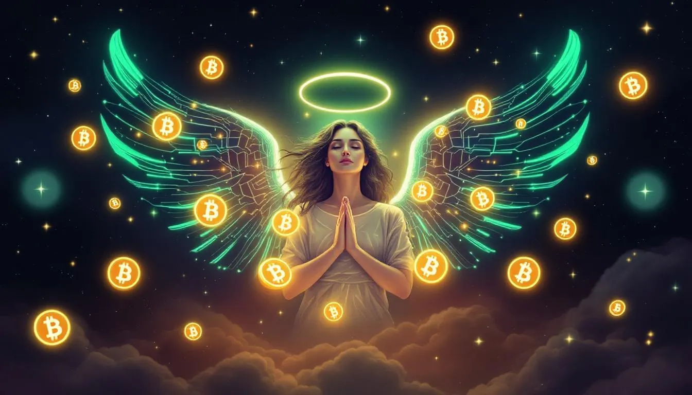 The image depicts a beautifully handcrafted Bitcoin Angel pendant, designed with intricate details and symbols that reflect its meaning as a modern talisman. Made from precious metals and adorned with amethyst and onyx stones, this unique jewelry piece is worn as a personal charm for protection and inspiration, connecting the wearer to centuries of cultural significance.