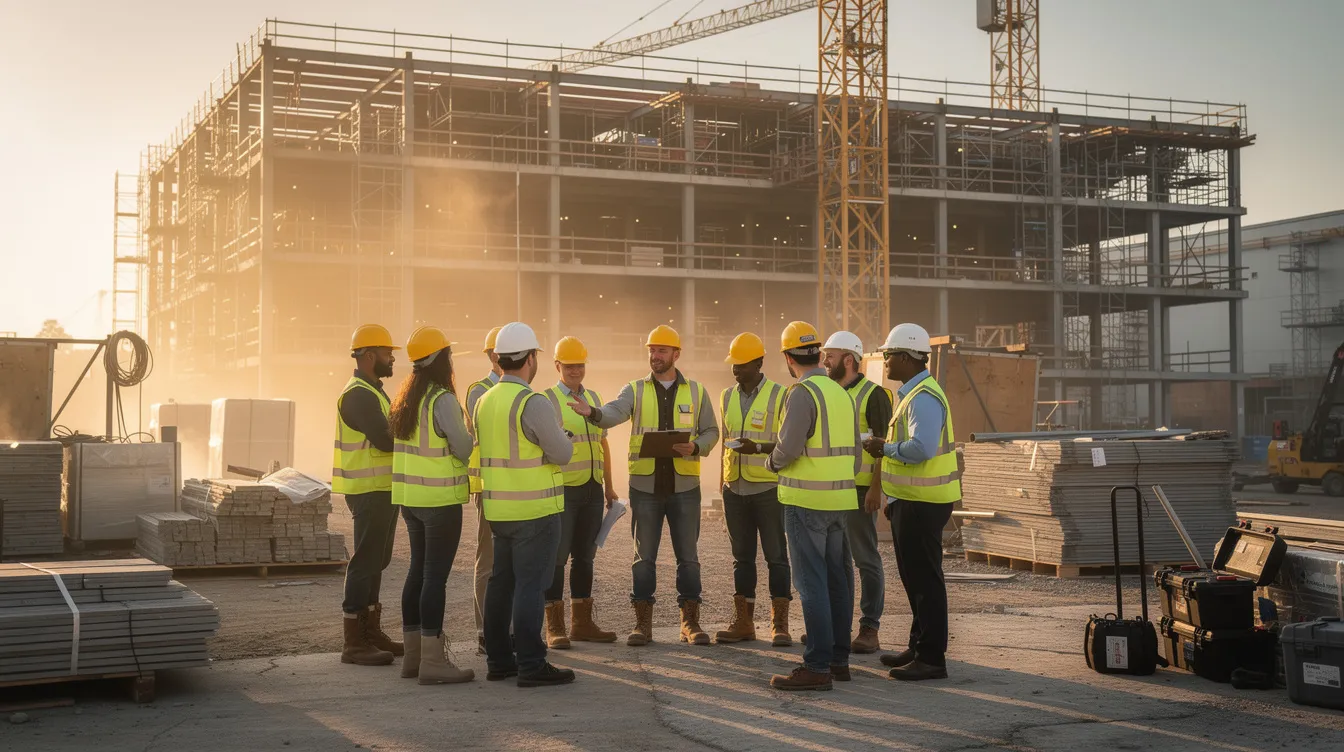 A group of construction workers wearing hard hats gathers in a morning huddle on a commercial jobsite, reflecting the role of field leadership in jobsite safety and mental health awareness.