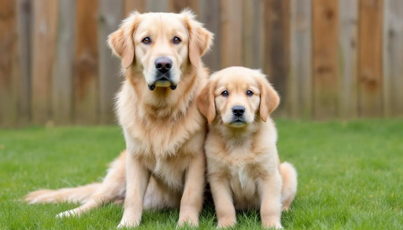 Two Goldendoodles are sitting side by side, showcasing the size difference between a standard Goldendoodle and a medium-sized Goldendoodle. The standard Goldendoodle, a mix of a golden retriever and a poodle, is larger and fluffier, while the medium Goldendoodle displays a more compact frame, both exemplifying the adorable traits of this mixed breed.