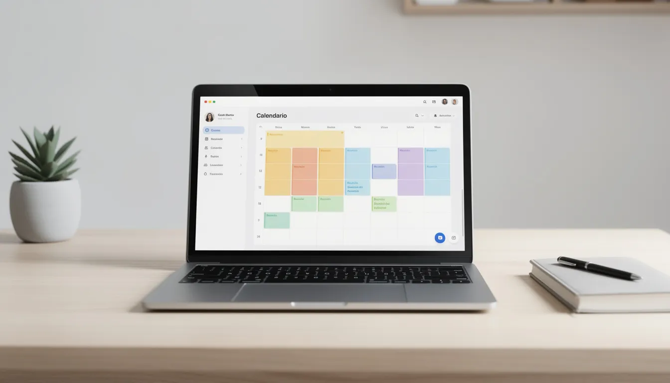 En la imagen se muestra un espacio de trabajo limpio con una laptop abierta que exhibe un calendario de citas, ideal para la gestión de clientes y la automatización de WhatsApp. Este entorno refleja una estrategia organizada para optimizar flujos de trabajo y mejorar la comunicación en la empresa.