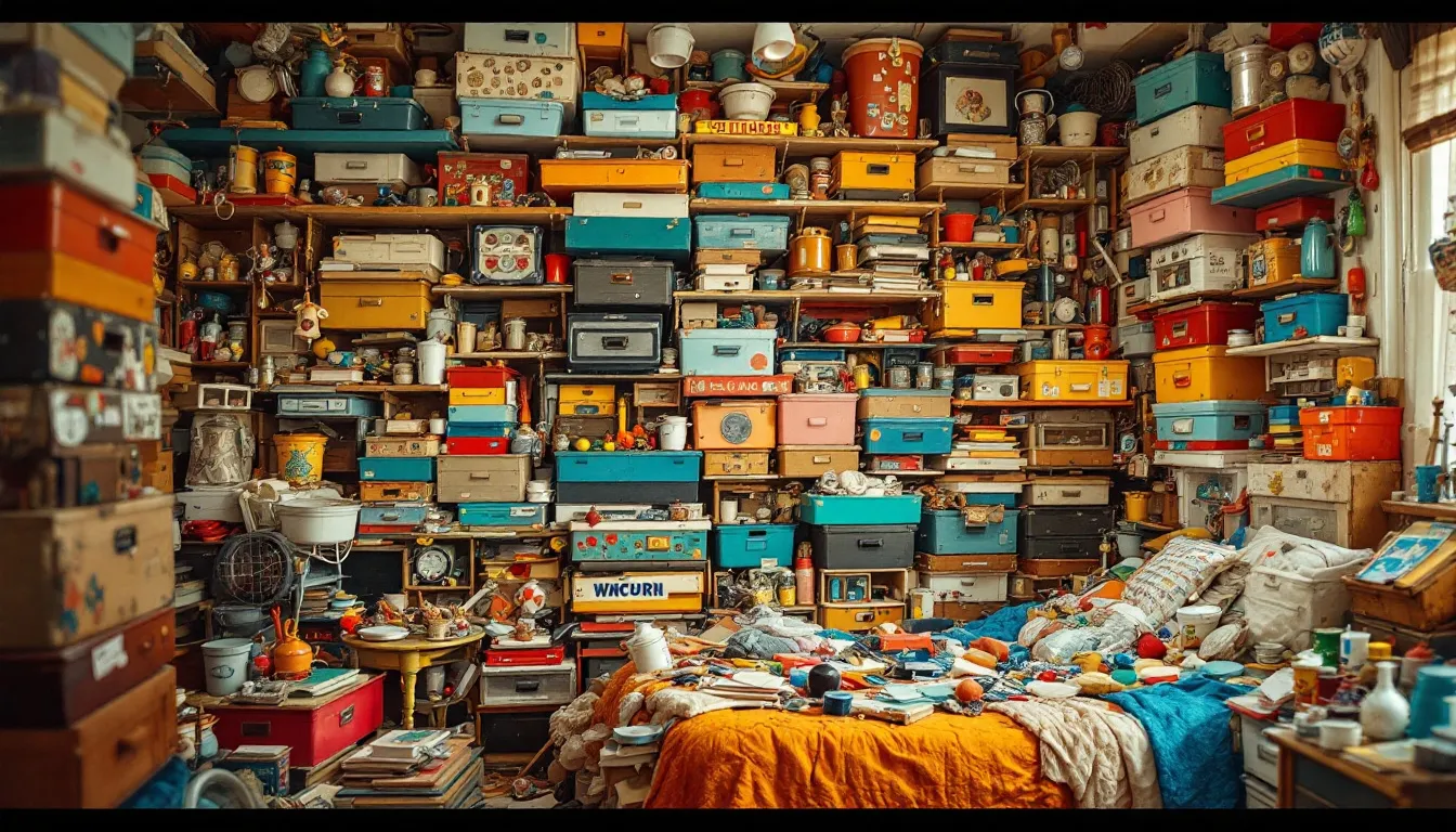 Various storage solutions for organizing a hoarder's room.