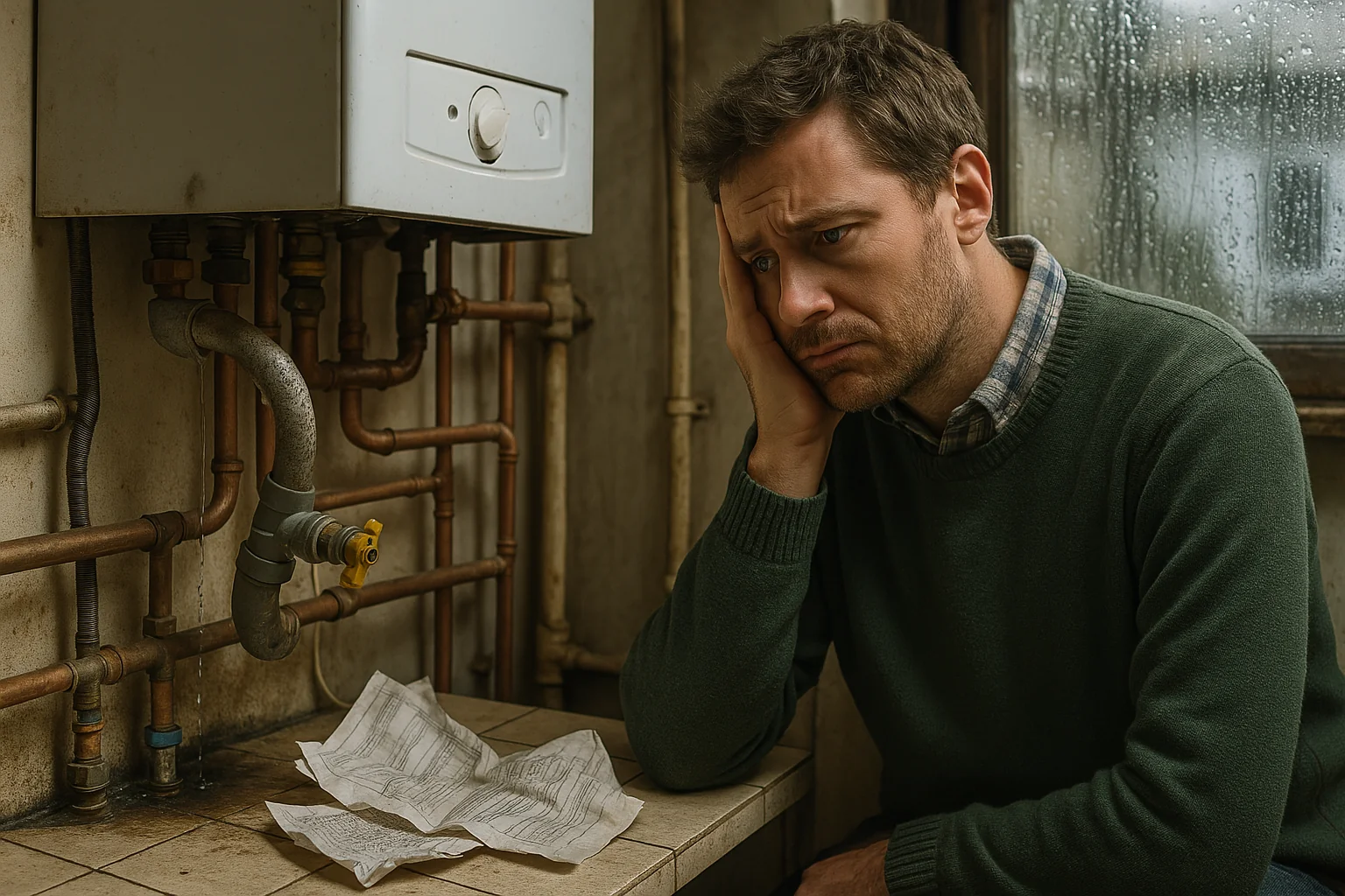A worried homeowner looking at a leaking boiler with water damage in a utility room.