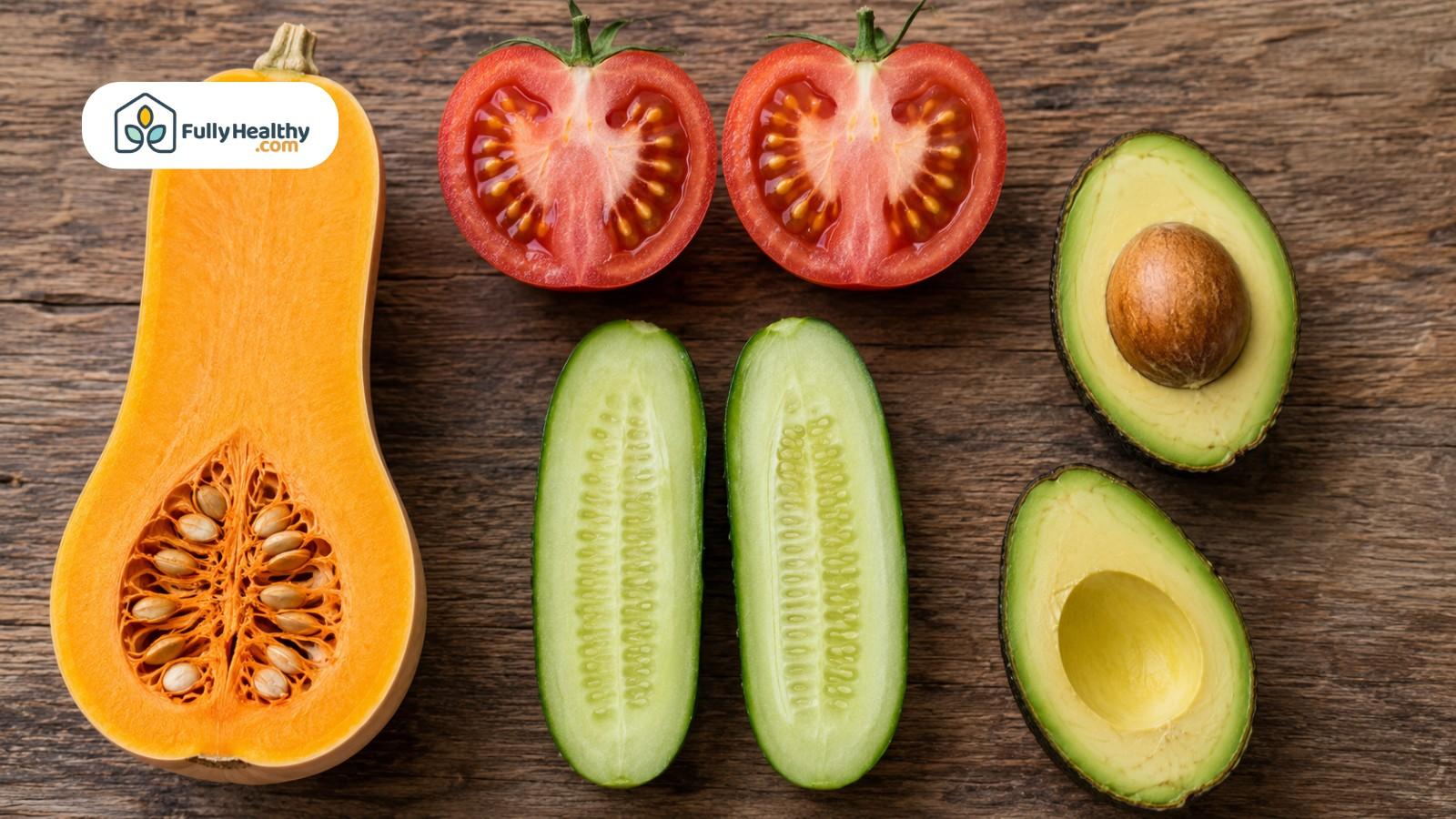 Butternut squash tomato cucumber and avocado halves displaying seeds on wooden surface