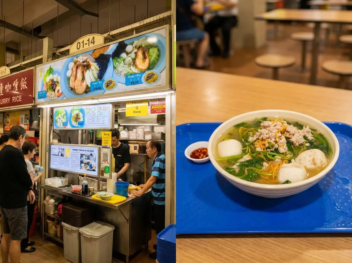 A split image showing a Singaporean hawker stall (unit 01-14) on the left, with customers at the counter. On the right, a bowl of noodle soup topped with minced meat, fishballs, and leafy greens is served on a blue tray with a small side dish of chili.