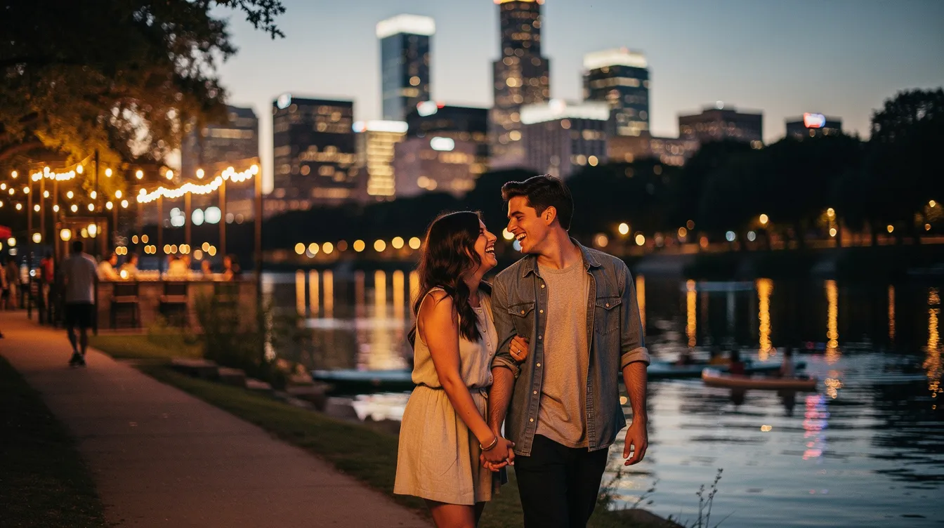 A romantic date night in Austin, TX, features a picturesque sunset over Lady Bird Lake, where couples can enjoy outdoor dining at intimate restaurants or food trucks in East Austin. The vibrant atmosphere of downtown Austin is enhanced by live music and twinkle lights, creating the perfect backdrop for a memorable evening.