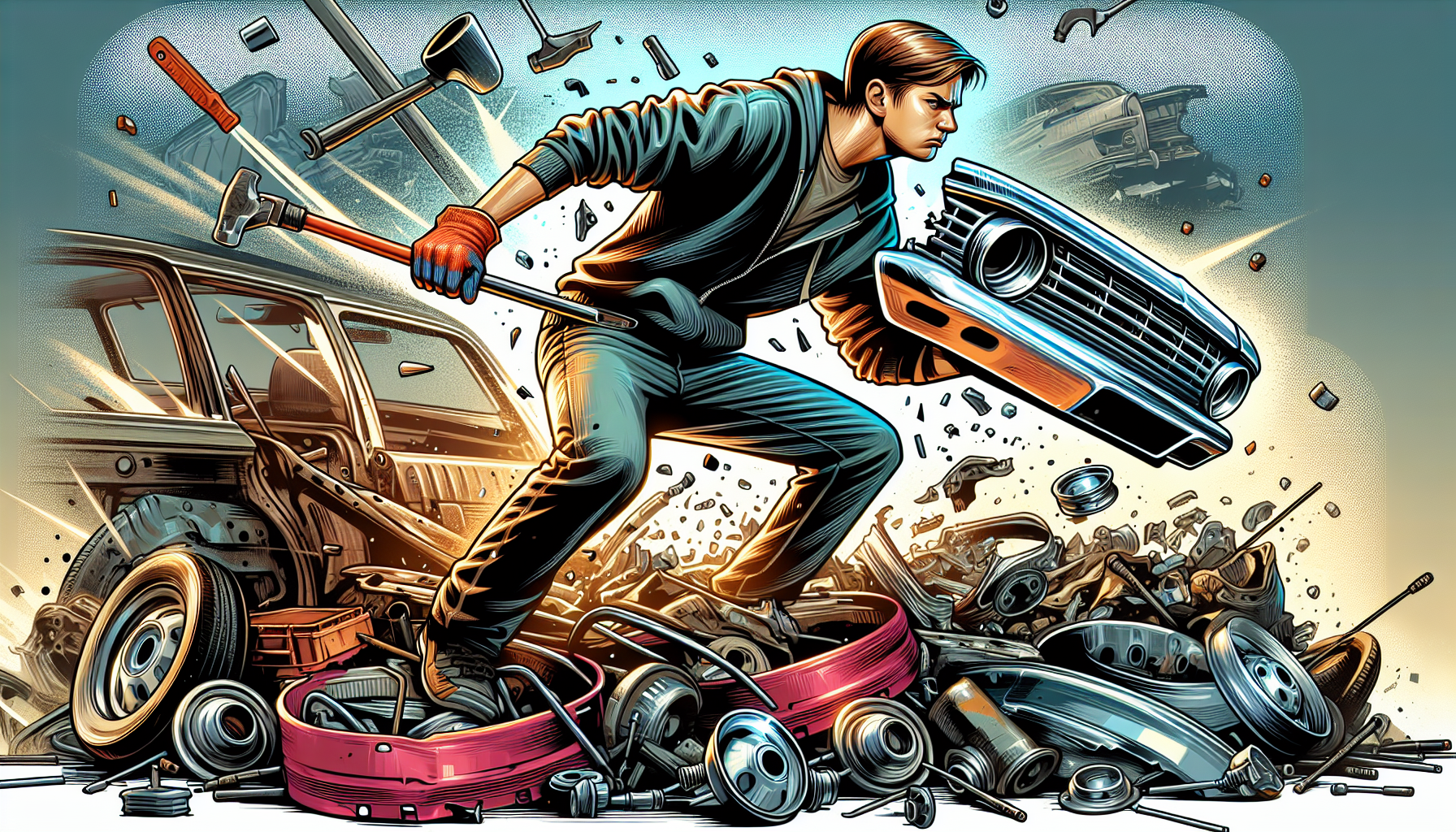 Illustration of a customer using tools to remove auto parts from a vehicle