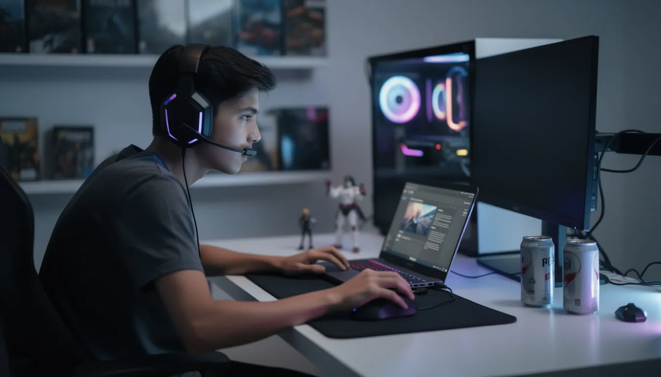 A person is seated at a desk, focused on their laptop computer while engaging in online gaming. The environment suggests a casual gaming setup, emphasizing the rights of individuals to enjoy gaming in their own space.