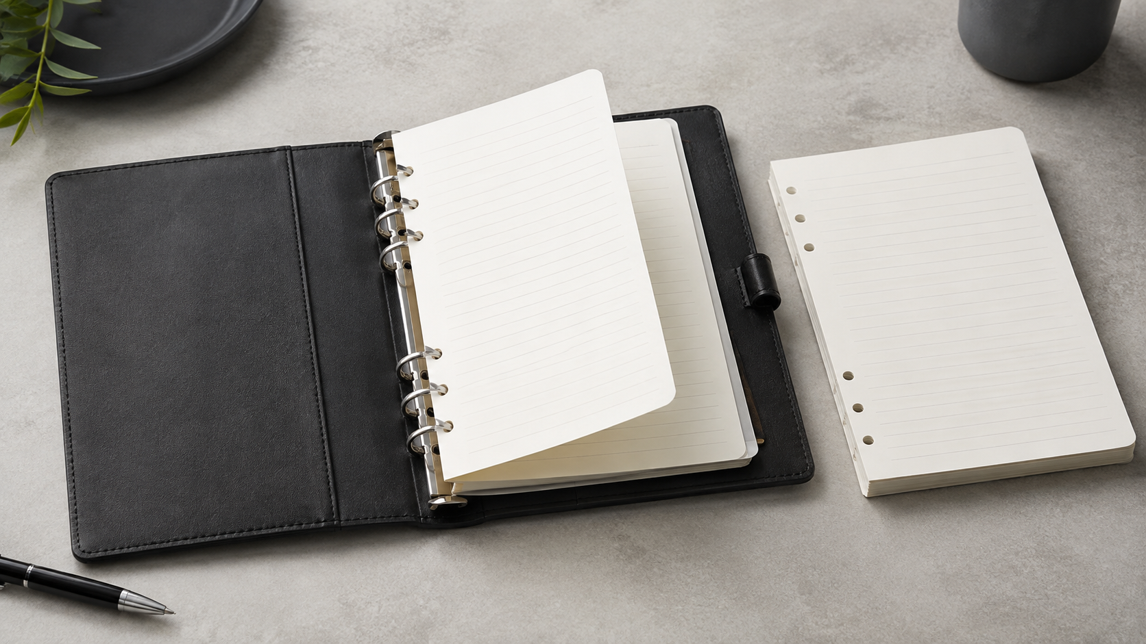 Refillable ring-bound notebook with removable lined paper inserts