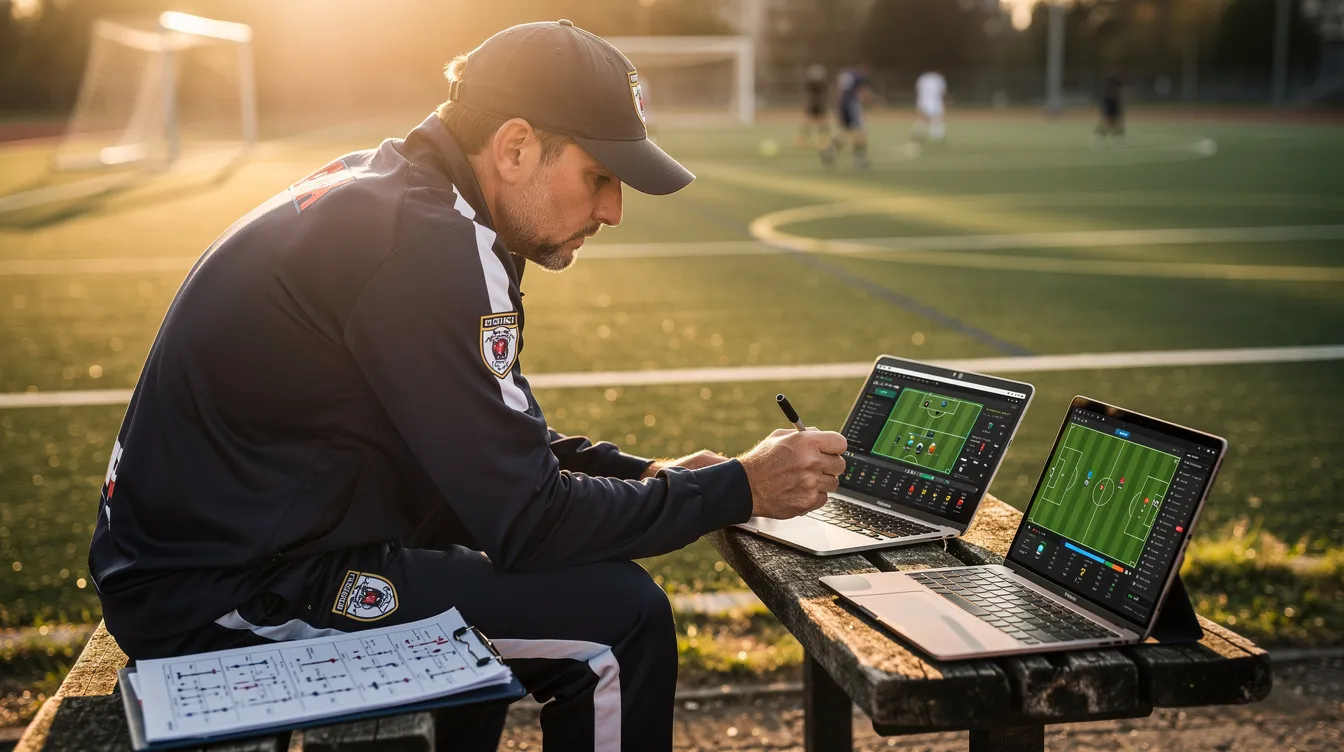 A coach is seated on a bench beside a sports field, intently reviewing a laptop and tablet to plan for the upcoming game day. The scene captures the essence of sports organization and communication, highlighting the use of digital tools to enhance team management and game schedules.