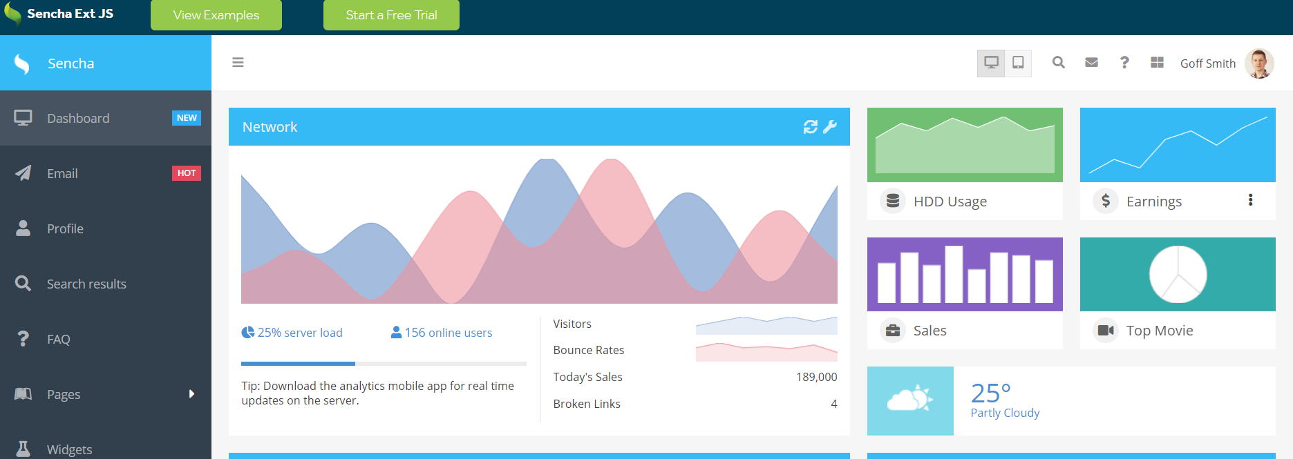 A web app created using Sencha Ext JS and UI components (user interface elements)