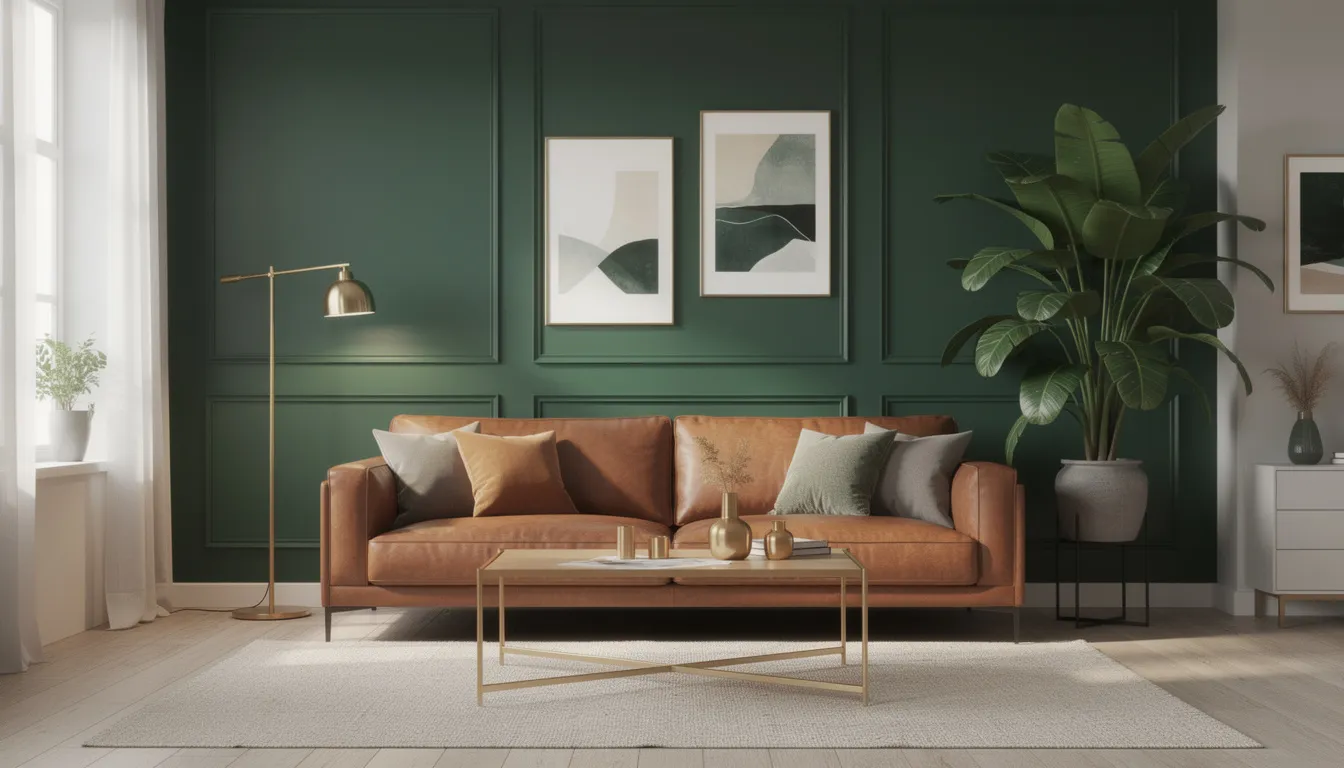 Een stijlvolle woonkamer met een groen wandpaneel dat de hele muur siert, een cognackleurige leren bank, een grote plant die een vleugje natuur toevoegt, en gouden accessoires die een luxe uitstraling geven. Deze inrichting is perfect voor het creëren van een gezellige en moderne sfeer.