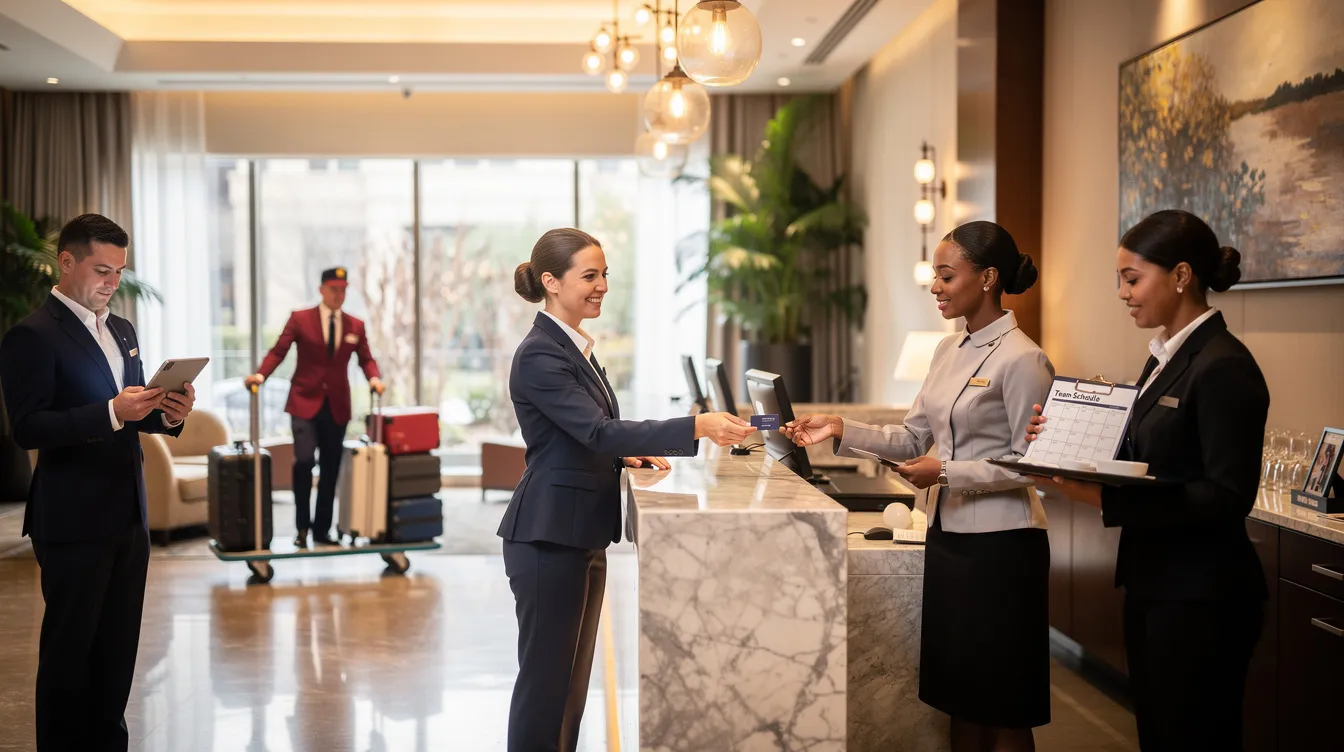 A diverse group of hospitality staff members is collaborating in a busy restaurant environment, showcasing teamwork as they prepare meals and serve customers. Their roles highlight the importance of fair wages and adherence to national minimum wage standards in the hospitality industry.