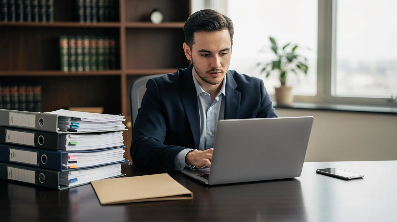 A personal injury attorney is seated at a desk, intently reviewing a laptop while surrounded by a smartphone and case files, emphasizing the importance of efficient administrative tasks in the legal industry. This scene highlights the role of legal professionals in managing client interactions and case information effectively.