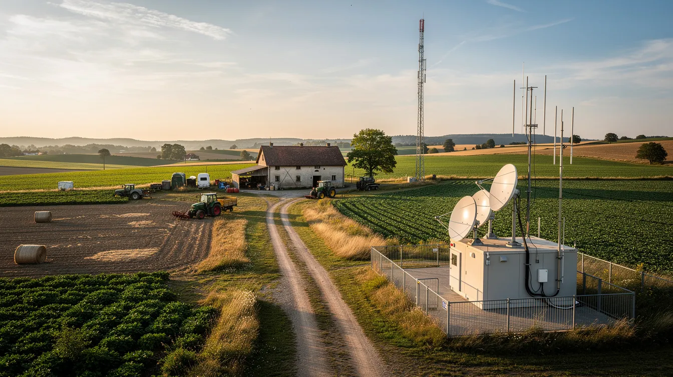 The image depicts a serene rural farming landscape featuring satellite installation equipment, including a satellite dish and cabling, indicative of professional DSTV installations. This setting suggests the availability of DSTV installation services in Ceres, where qualified technicians provide reliable solutions for optimal signal reception.