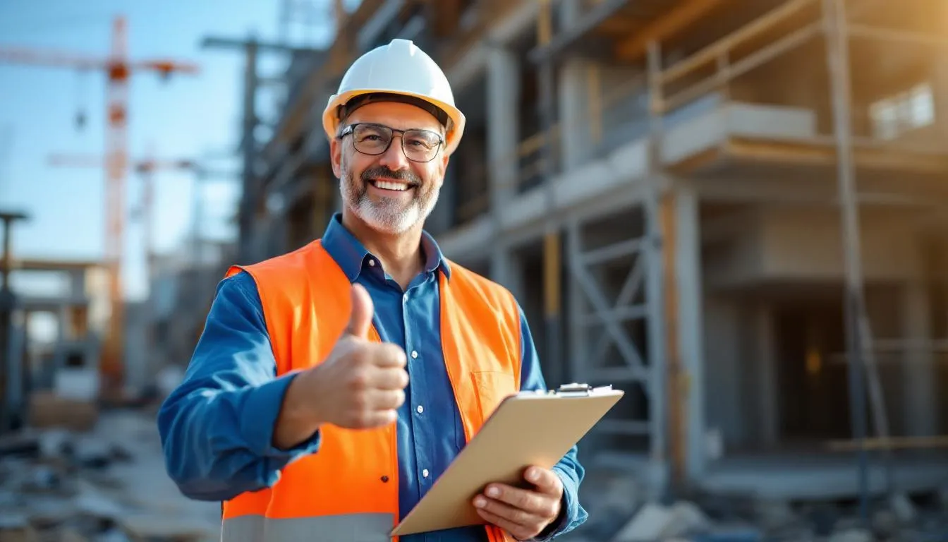 Un expert en construction, souriant et confiant, fait un pouce en l'air, symbolisant la réussite des travaux de réparation de fondation. Il se tient devant une maison, illustrant son expertise en inspection et en solutions pour les problèmes de fissures et d'étanchéité.