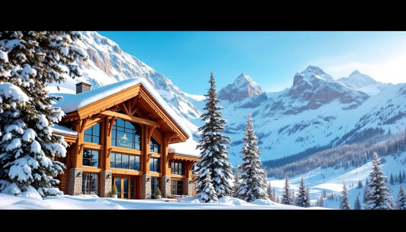 The image depicts a luxurious ski lodge nestled against a backdrop of snow-covered mountains, typical of the breathtaking scenery found at Brian Head Ski Resort in Utah. The lodge's inviting exterior suggests comfort and warmth, perfect for winter activities such as skiing and snowboarding.