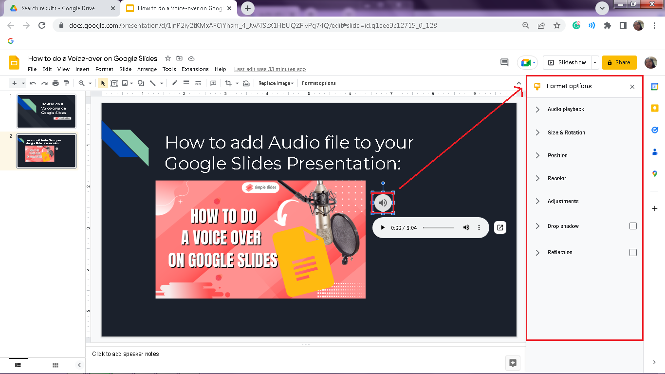 Once you click the speaker icon on your Google Slides, the "Format option will appear to your right corner