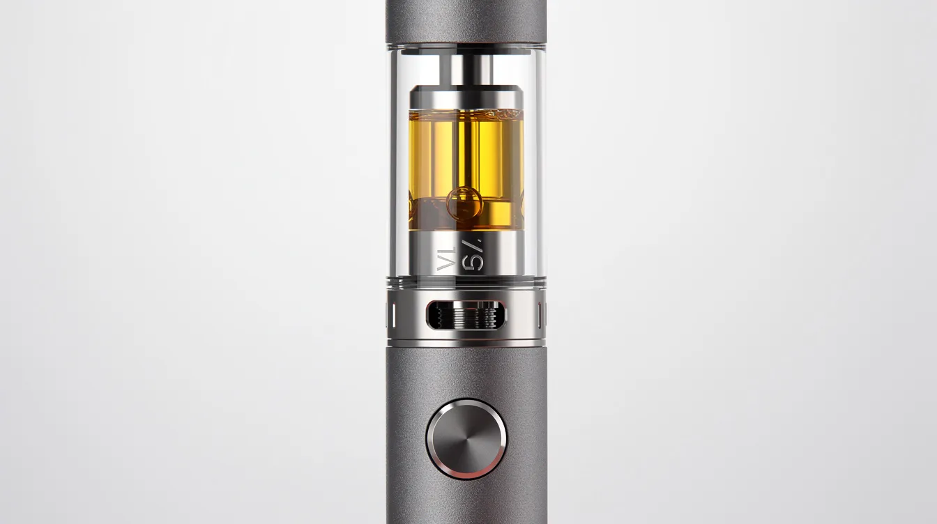 The image shows a close-up of a 510-thread vape cartridge attached to a sleek variable voltage battery pen, highlighting its smooth design and clear glass body. This setup is often used by cannabis users seeking a potent and flavorful experience, especially with delta 8 THC products that are third-party lab tested for purity and safety.