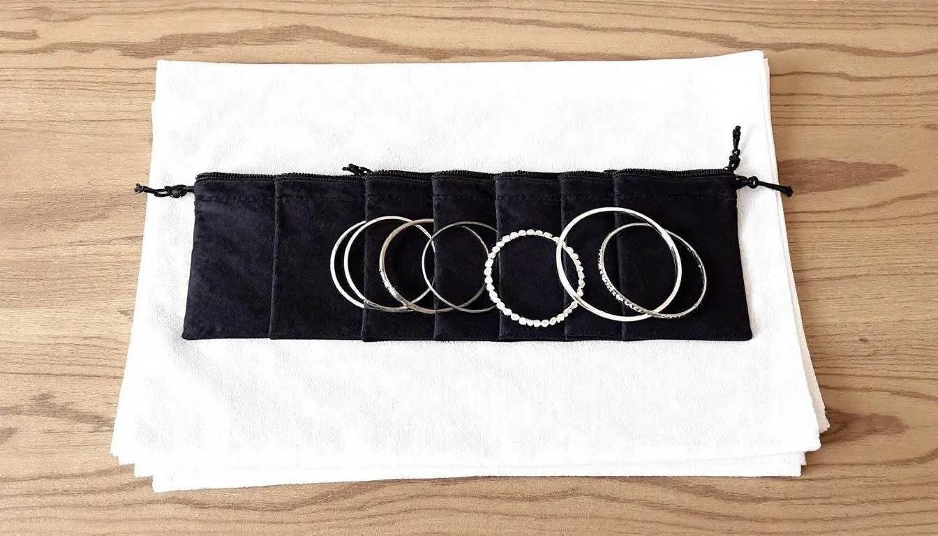 A well-organized jewelry storage setup features anti-tarnish pouches and soft cloths, neatly arranged to protect and display a beautiful collection of sterling silver bracelets. This setup ensures that each bracelet, designed for women and perfect for any outfit, remains in pristine condition while being easily accessible for gifting or personal use.