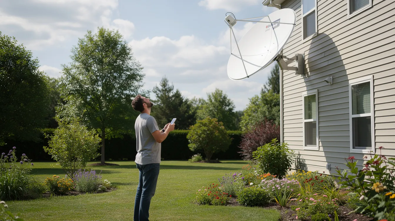 A person is standing in a garden, looking up at a satellite dish mounted on the side of a house, checking its alignment to ensure proper signal strength for their DSTV decoder. The scene suggests a troubleshooting effort to resolve a potential signal problem, such as an E48 32 error, possibly caused by bad weather or a faulty connection.