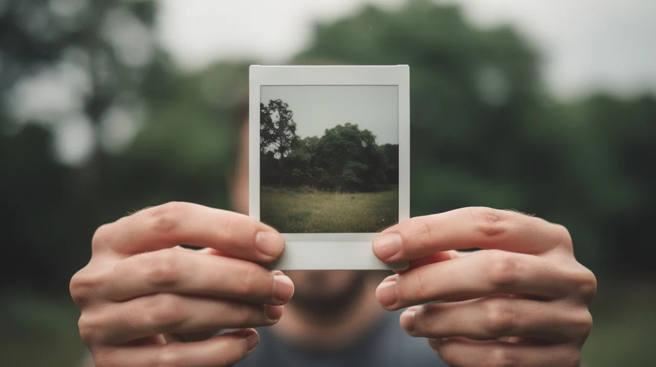 A person is holding a freshly ejected Polaroid print outdoors, with soft, diffused daylight illuminating the scene and trees softly blurred in the background, capturing the essence of instant photography and the vintage charm of Polaroid images. The moment showcases the joy of instant gratification as the final image develops in their hands.