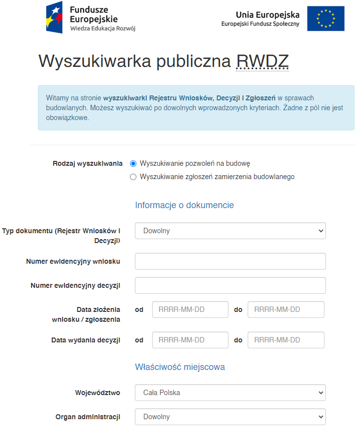 Pozwolenie na budowę - wyszukiwarka RWDZ (zrzut ekranu strony)