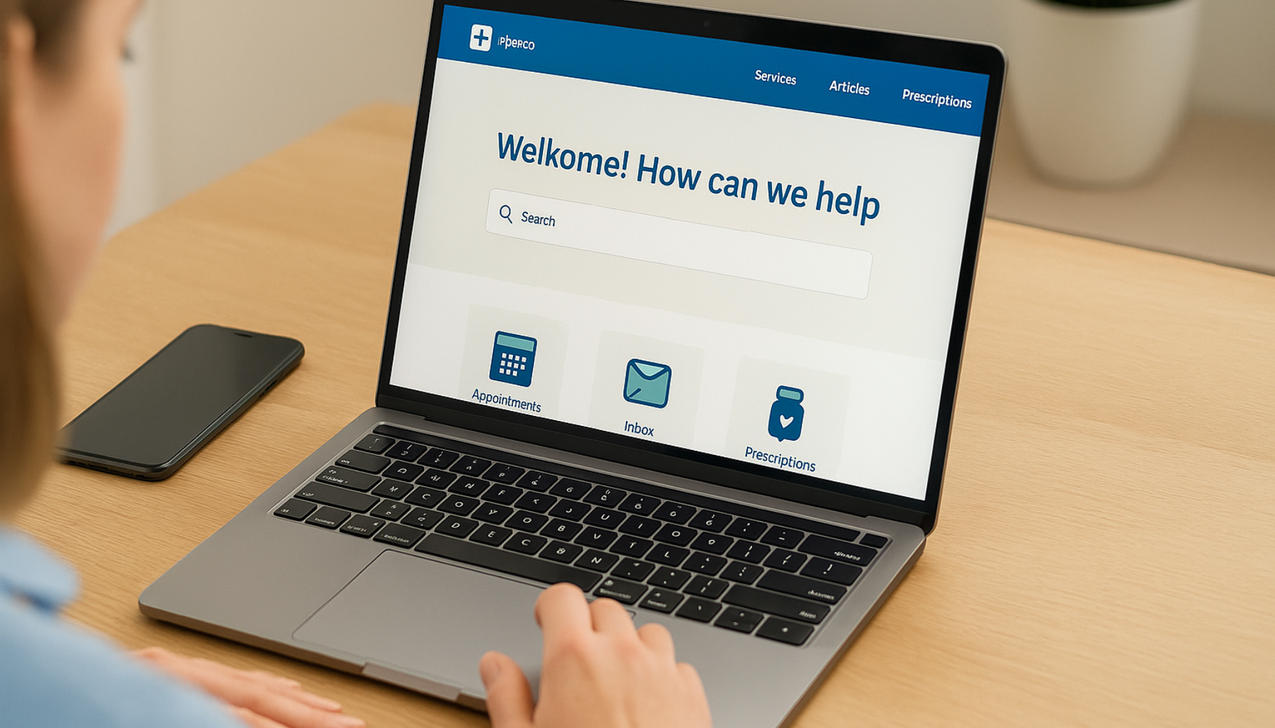 Kvinne bruker digital helsetjeneste på bærbar PC ved skrivebord hjemme med mobiltelefon ved siden av"