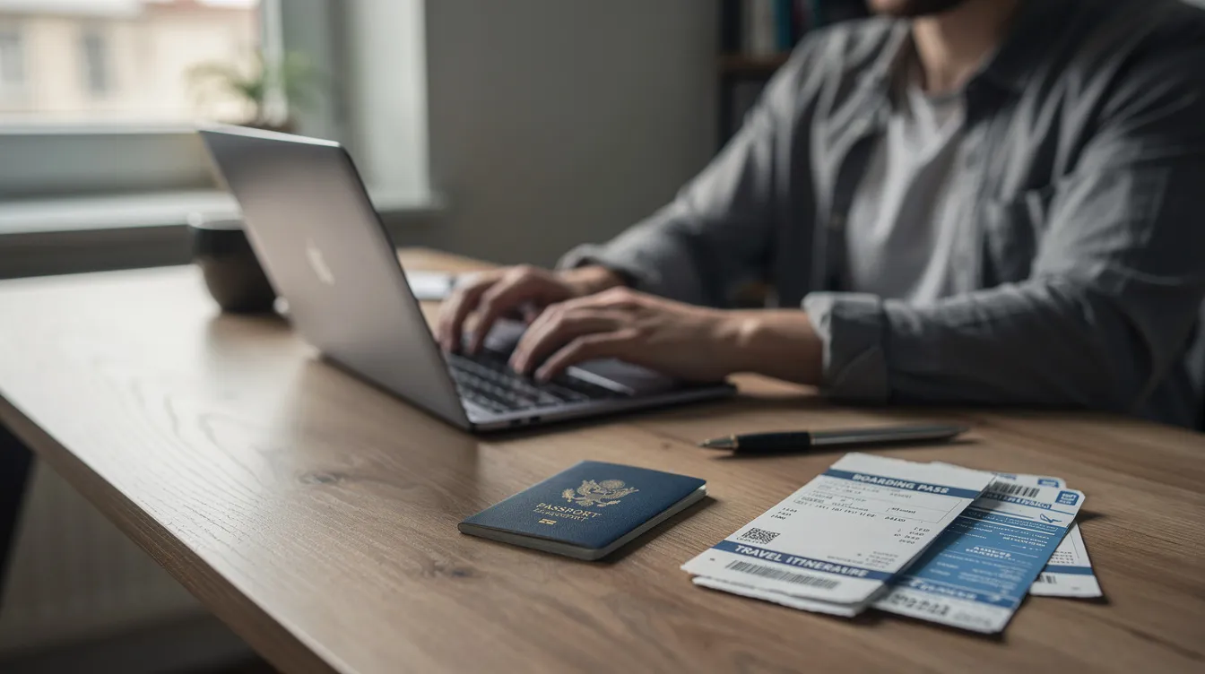 A person is seated at a desk, focused on their laptop, with a valid passport and various travel documents, including an application summary, nearby. This image reflects the process of preparing for travel to Ireland, emphasizing the importance of having the necessary supporting documents for a visa application.