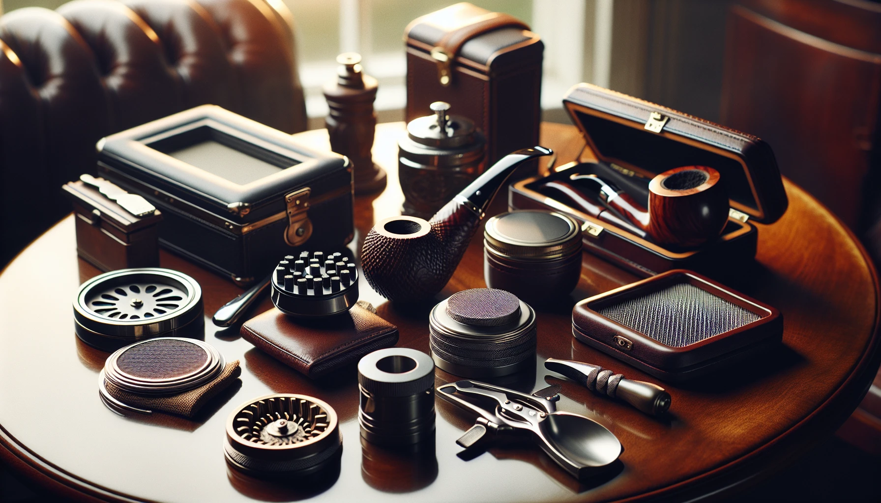 Assorted smoking accessories including grinders and pipe cases