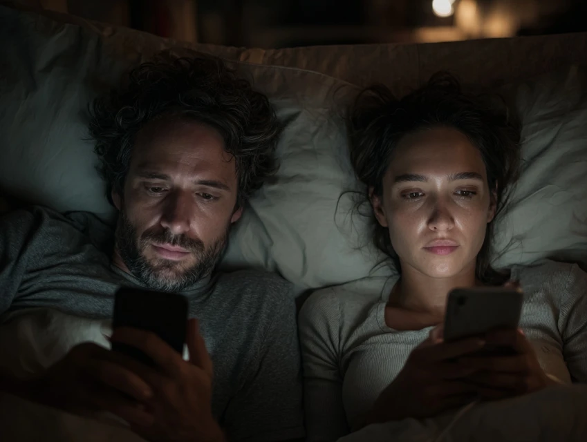 Couple lying back-to-back in bed at night, each staring at their own phone, faces lit by screens, showing emotional distance.