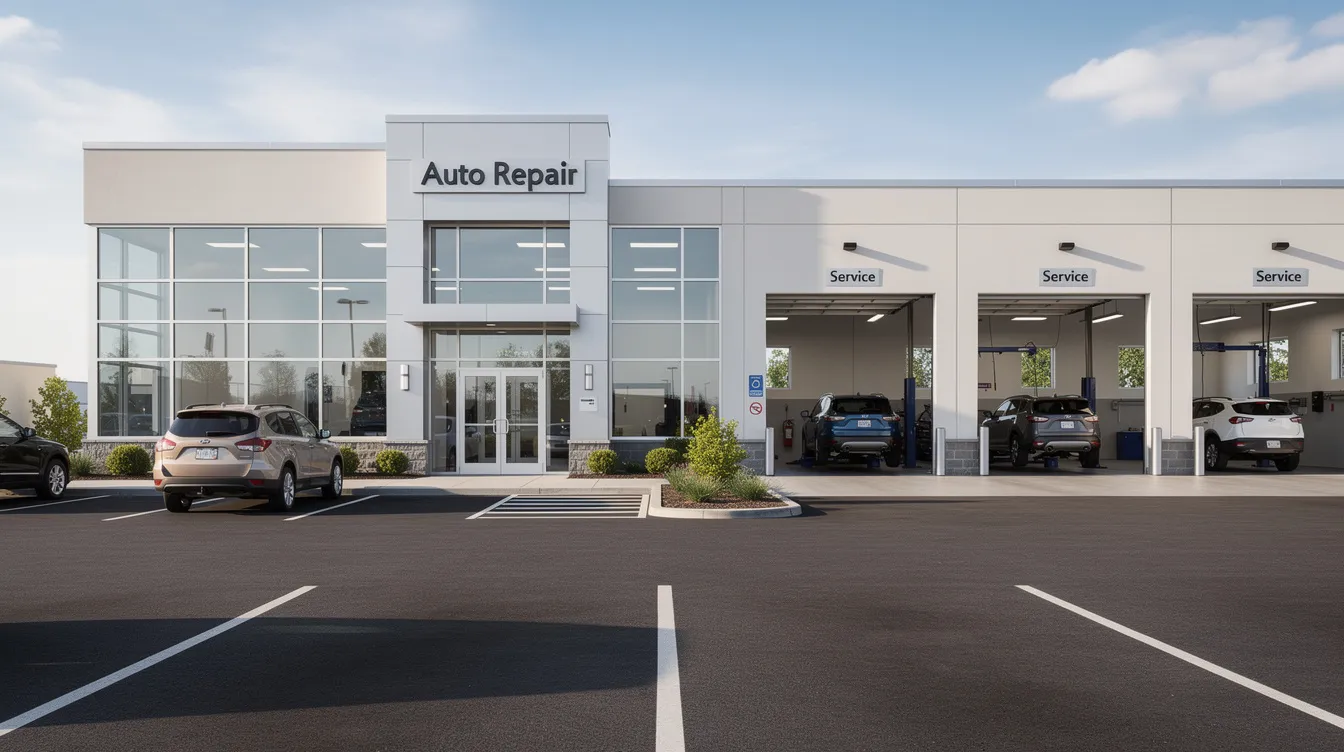 The image shows the exterior of a professional auto repair shop featuring multiple service bays and a designated customer parking area. This facility is equipped to handle various transmission repair services, including transmission replacements and fluid changes, ensuring quality care for vehicles facing transmission issues.