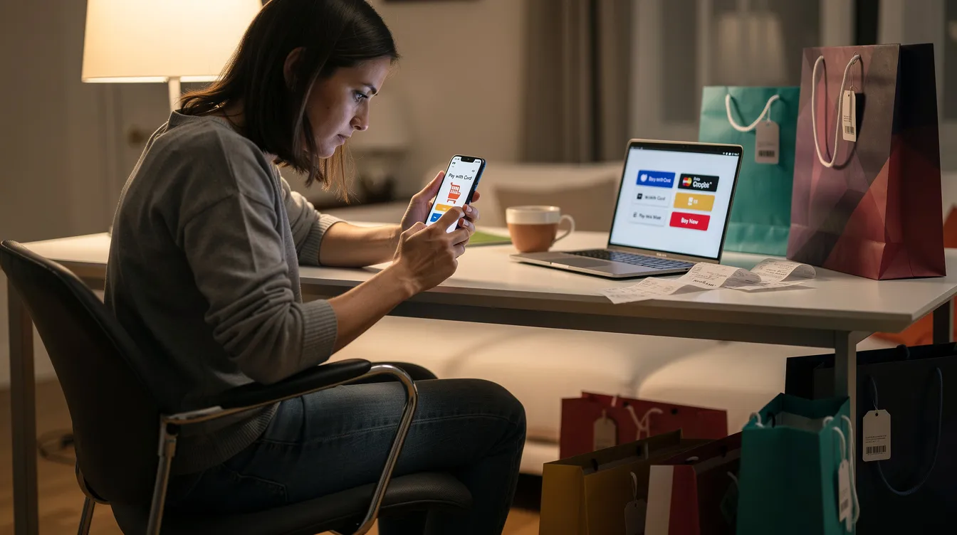 A person is seated at a desk, comparing various payment options on their smartphone, with shopping bags placed nearby, illustrating the convenience of using buy now pay later (BNPL) services for making purchases in flexible payment options. The scene highlights the modern approach to managing monthly payments and installment plans while shopping.