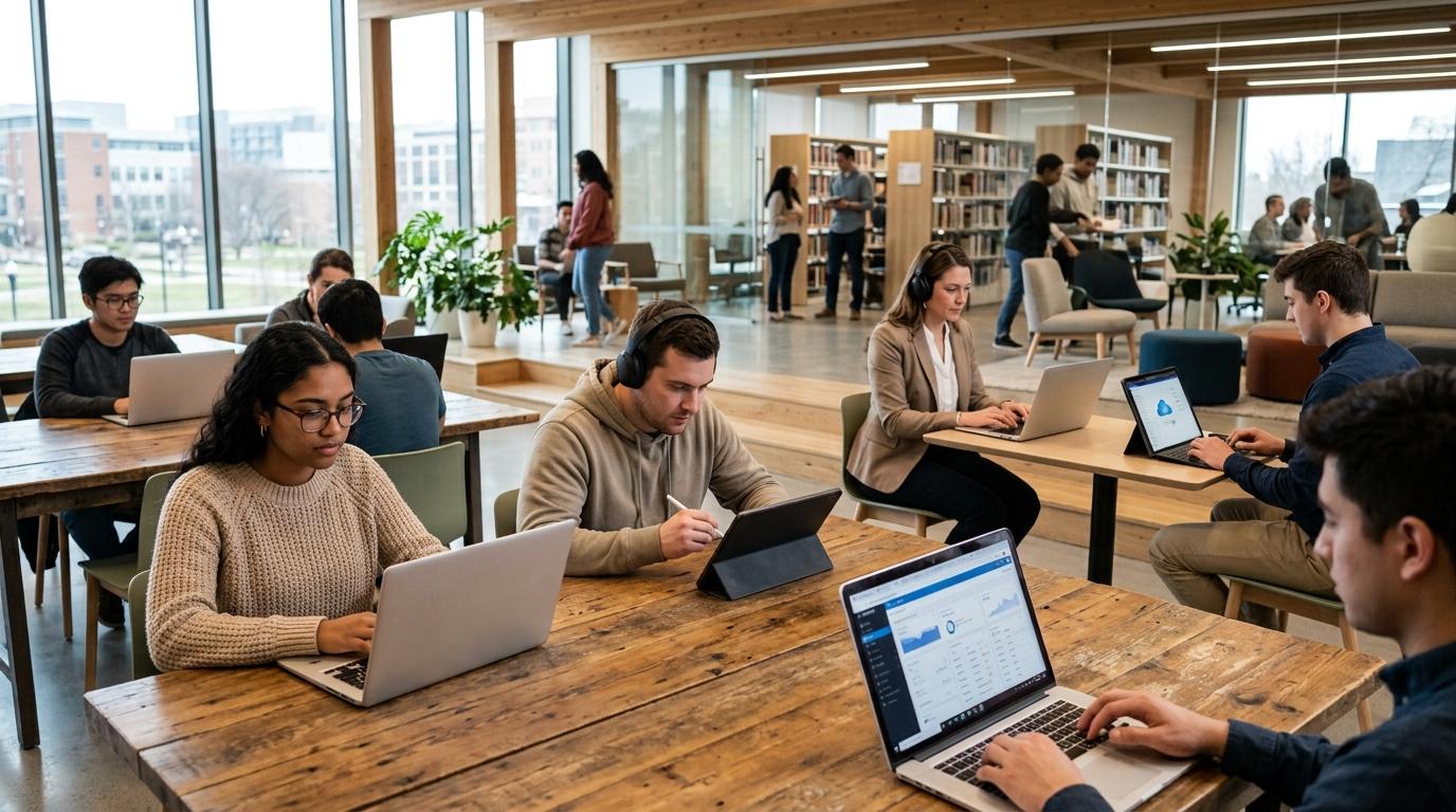 Students and remote professionals accessing cloud-hosted applications instantly through web browsers on laptops and tablets in a modern hybrid learning environment, photorealistic.