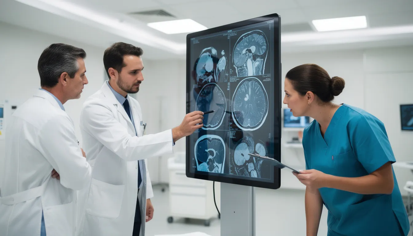 Best Thoracic Surgeon UK: How to Choose the Right Specialist 1 The image depicts a group of medical professionals, including a consultant thoracic surgeon, gathered around a screen to review CT scan images, likely discussing treatment options for lung cancer or other thoracic conditions. Their collaboration reflects a multidisciplinary approach to patient care in the field of cardiothoracic surgery.